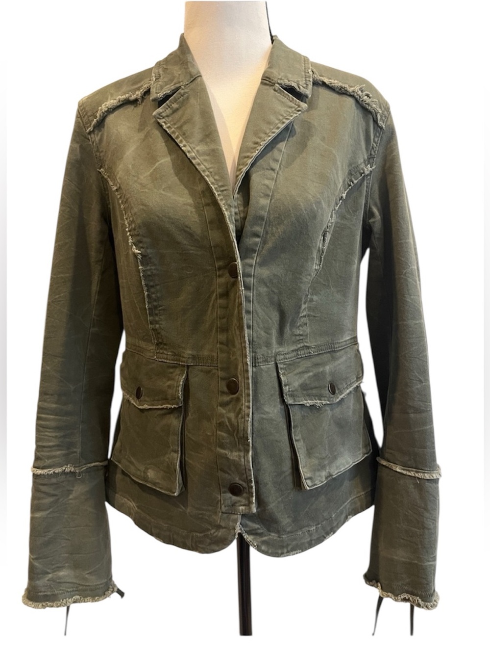 Free People Distressed Olive Army Green Utility Jacket Ruffle Trim Snaps Small